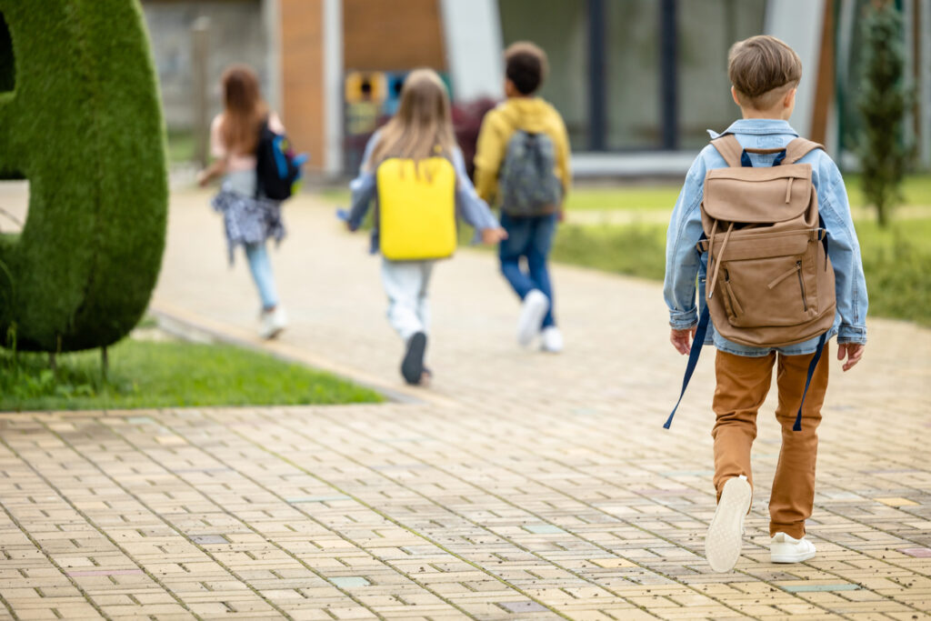 After lessons. Kids getting out of the school after the lessons